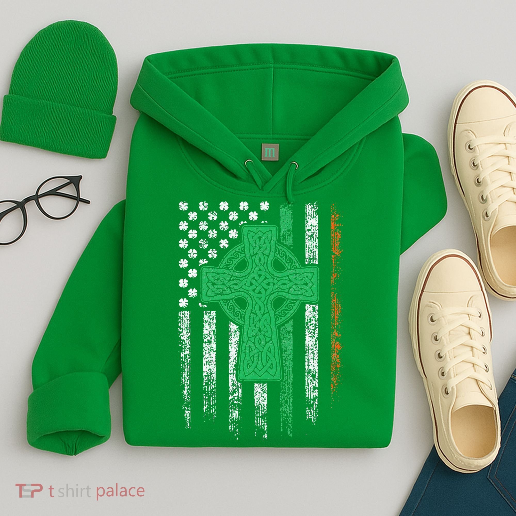 Celtic Cross Irish American Flag St. Patrick's Day Ireland Hoodie