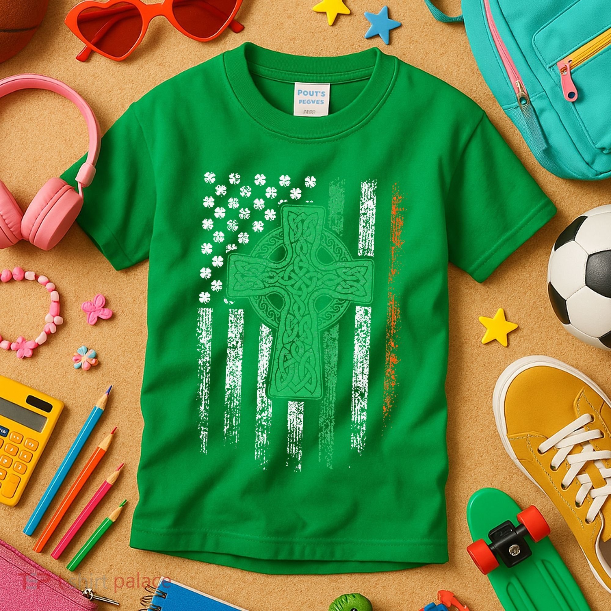 Celtic Cross Irish American Flag St. Patrick's Day Ireland Kids T-Shirt