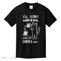 Coffee Cat I'll Start Working When My Coffee Does Kids T-Shirt thumb 0