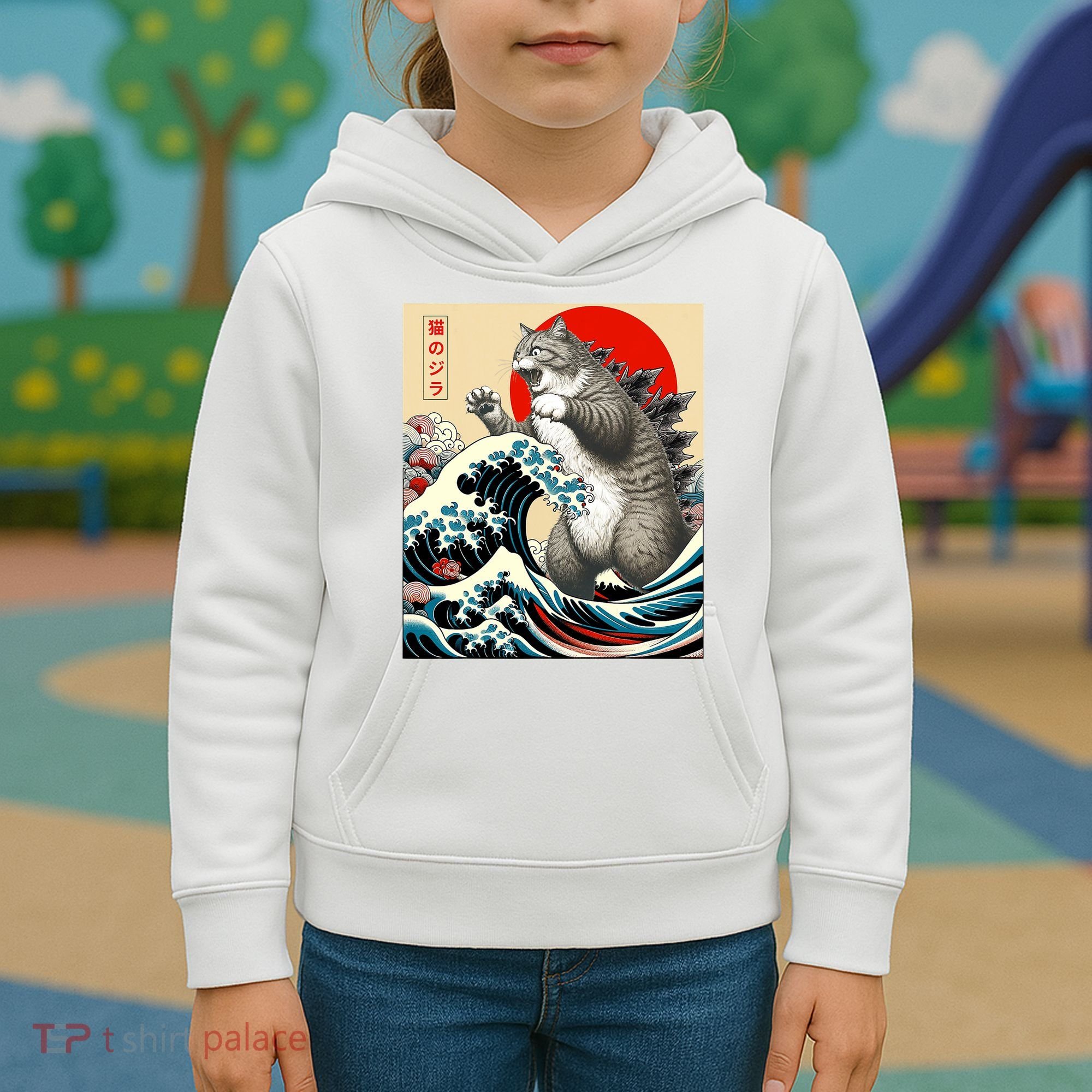 Catzilla Cat Japanese Art Funny Cat Gifts Kids Hoodie