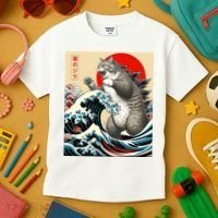 Catzilla Cat Japanese Art Funny Cat Gifts Kids T-Shirt thumb 3