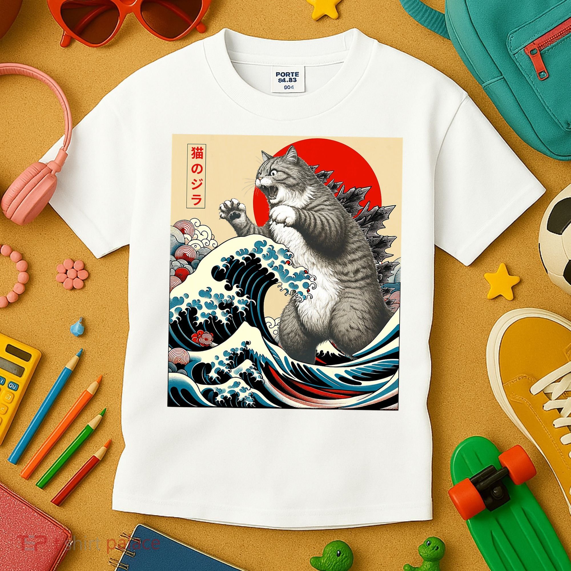 Catzilla Cat Japanese Art Funny Cat Gifts Kids T-Shirt