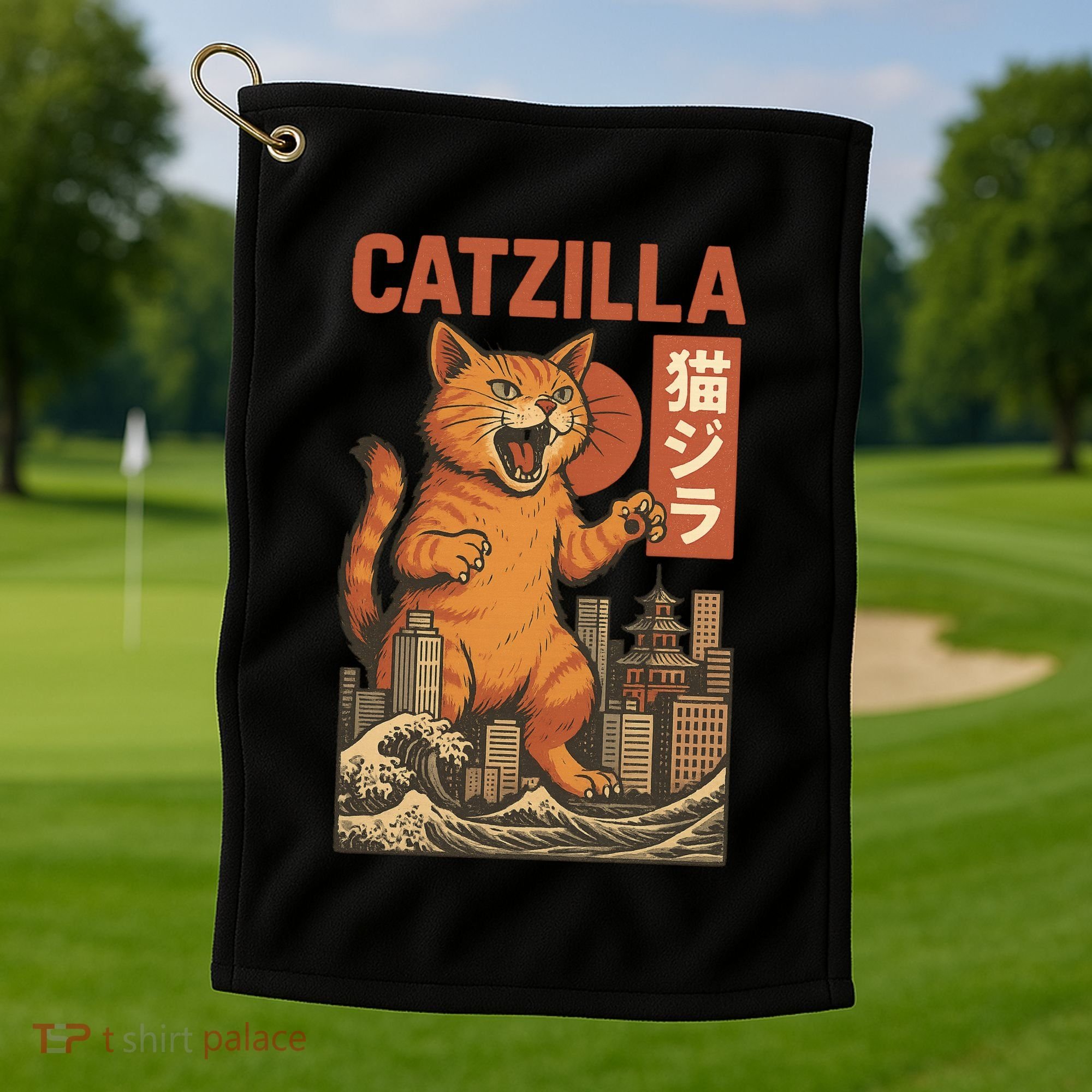 Catzilla Cat Japanese Art Funny Cat Golf Towel