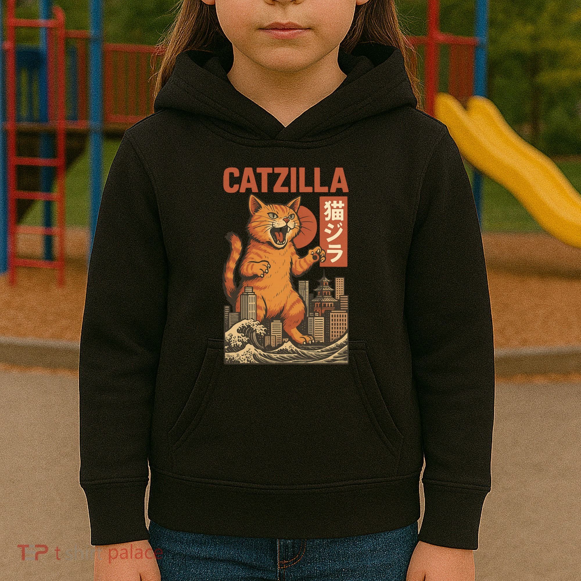 Catzilla Cat Japanese Art Funny Cat Kids Hoodie