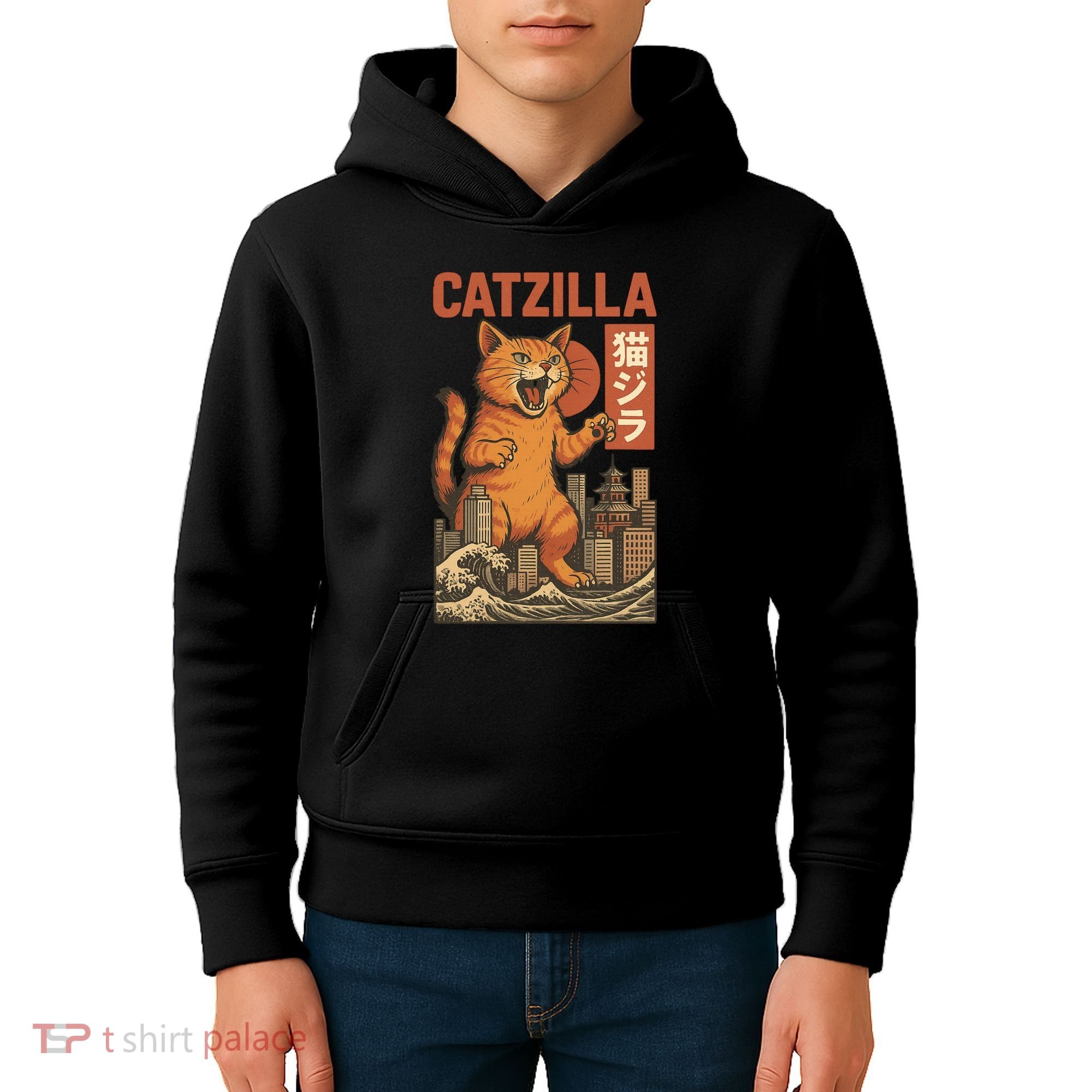 Catzilla Cat Japanese Art Funny Cat Kids Hoodie