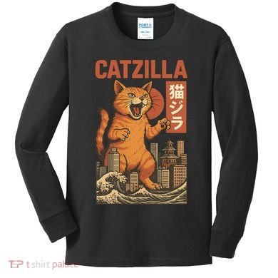 Catzilla Cat Japanese Art Funny Cat Kids Long Sleeve Shirt