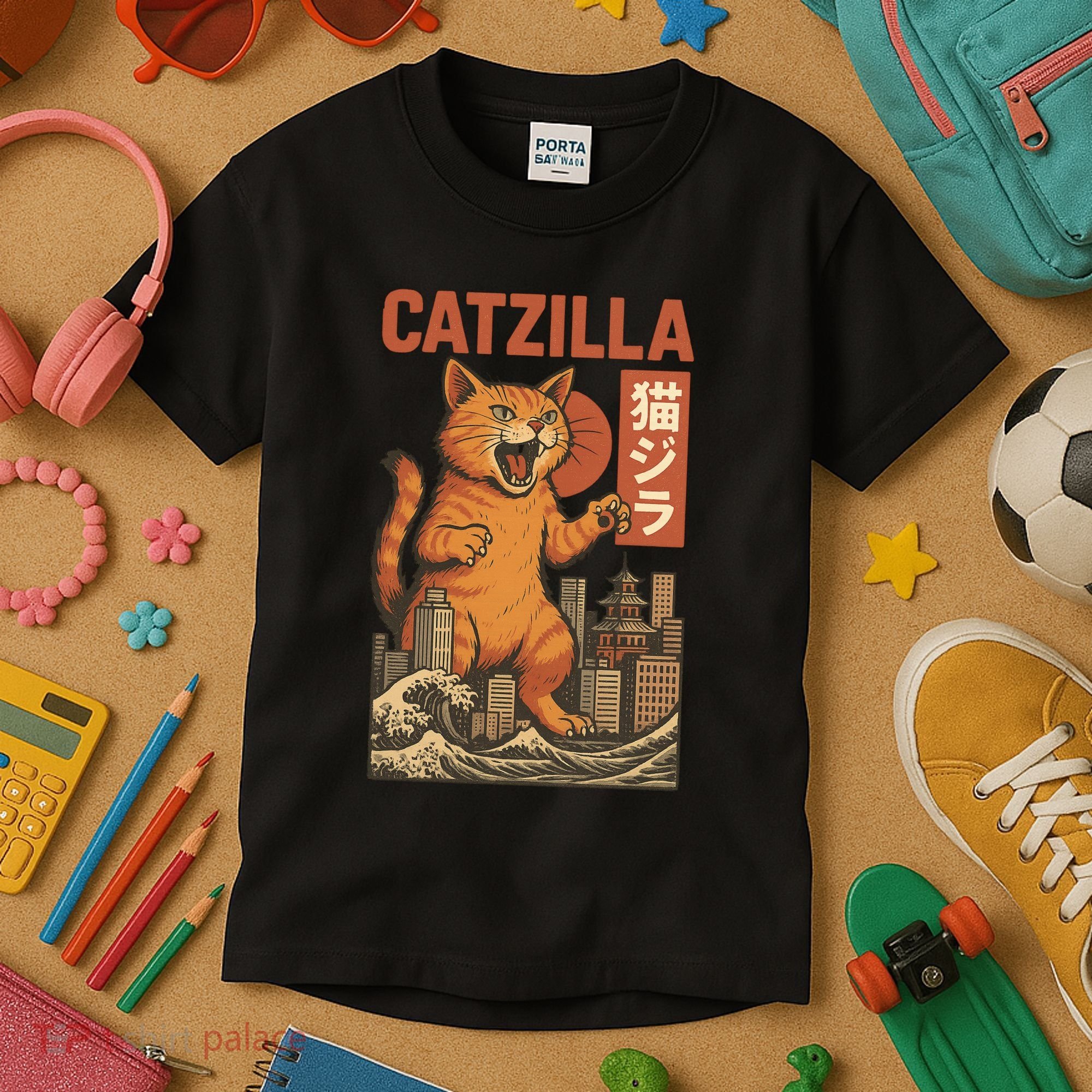 Catzilla Cat Japanese Art Funny Cat Kids T-Shirt