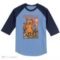 Catzilla Cat Japanese Art Funny Cat Raglan Baseball Sleeve Shirt thumb 0