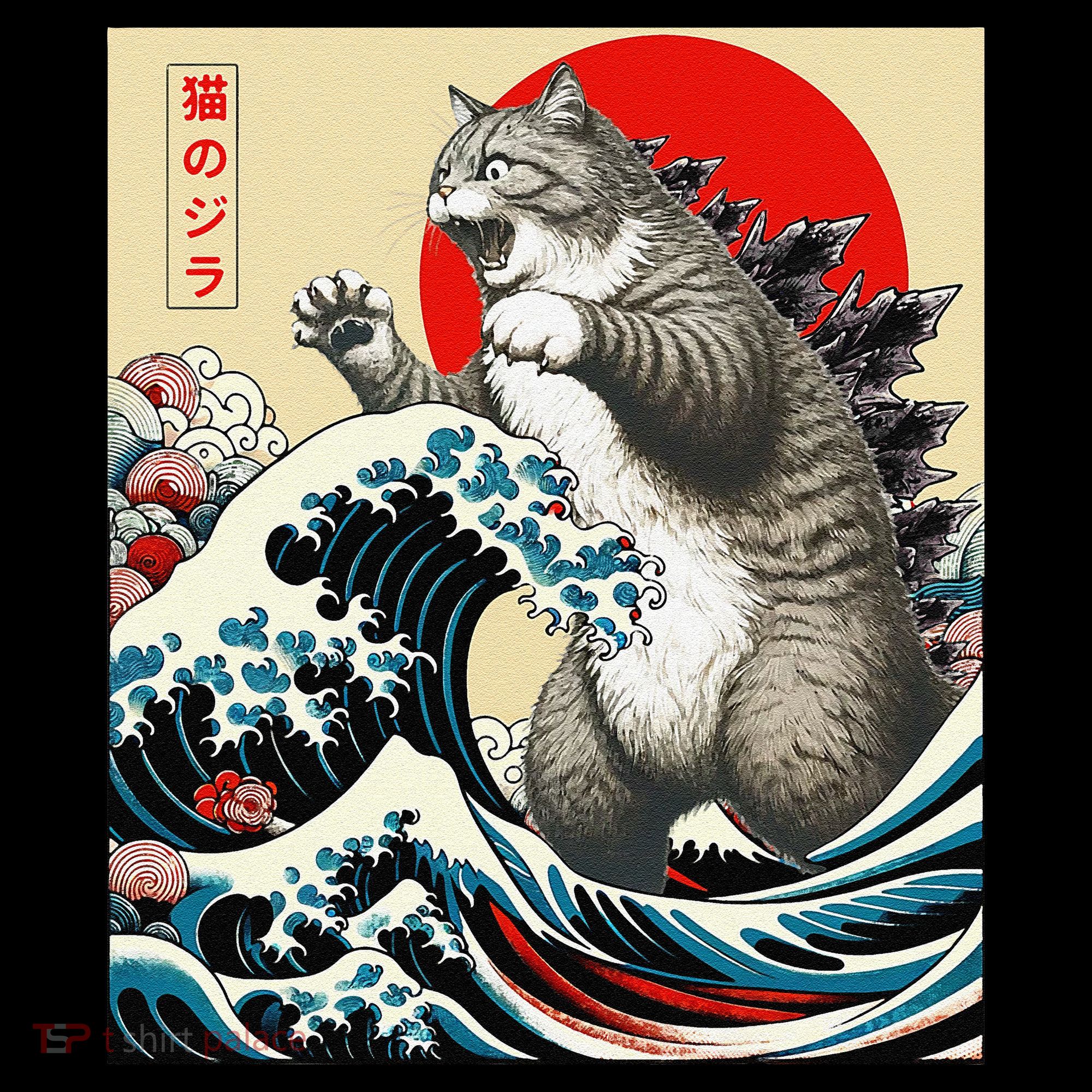 Catzilla Cat Japanese Art Funny Cat Gifts Kids Colorblock Raglan Jersey