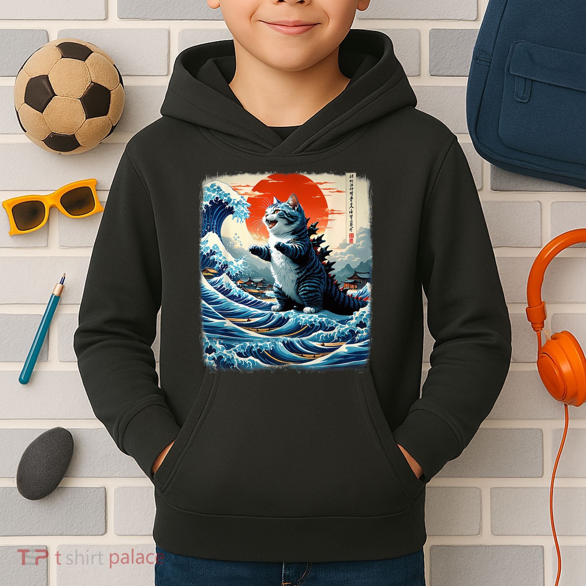 Catzilla Cat Japanese Art Funny Cat Adventure Kids Hoodie