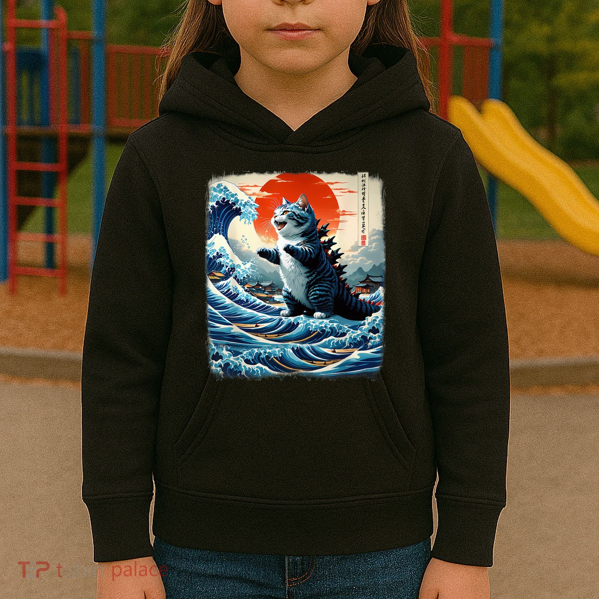Catzilla Cat Japanese Art Funny Cat Adventure Kids Hoodie