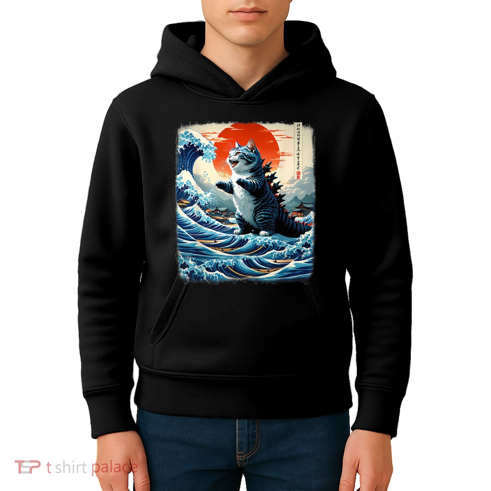 Catzilla Cat Japanese Art Funny Cat Adventure Kids Hoodie