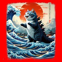 Catzilla Cat Japanese Art Funny Cat Adventure Santa Hat thumb 1