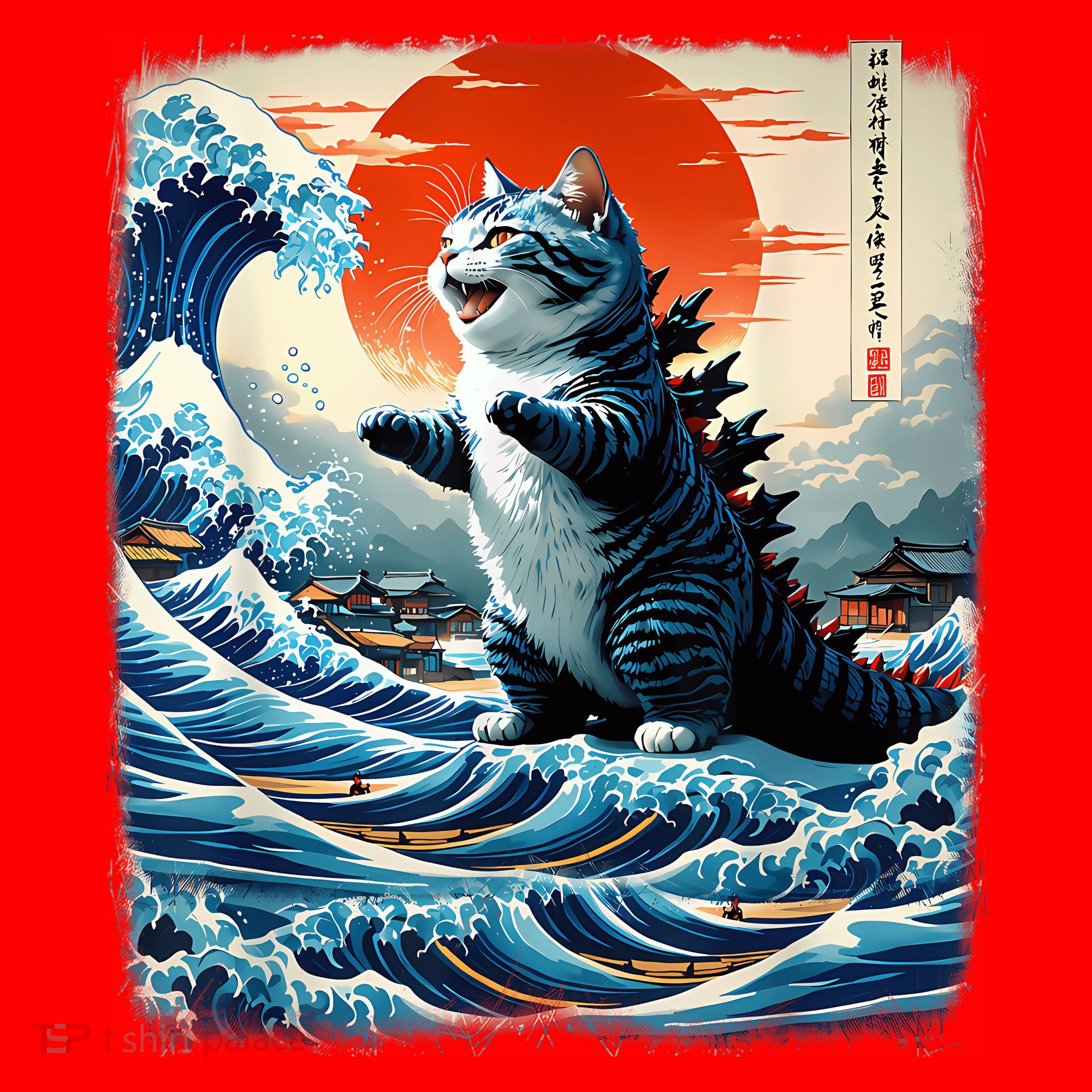 Catzilla Cat Japanese Art Funny Cat Adventure Santa Hat