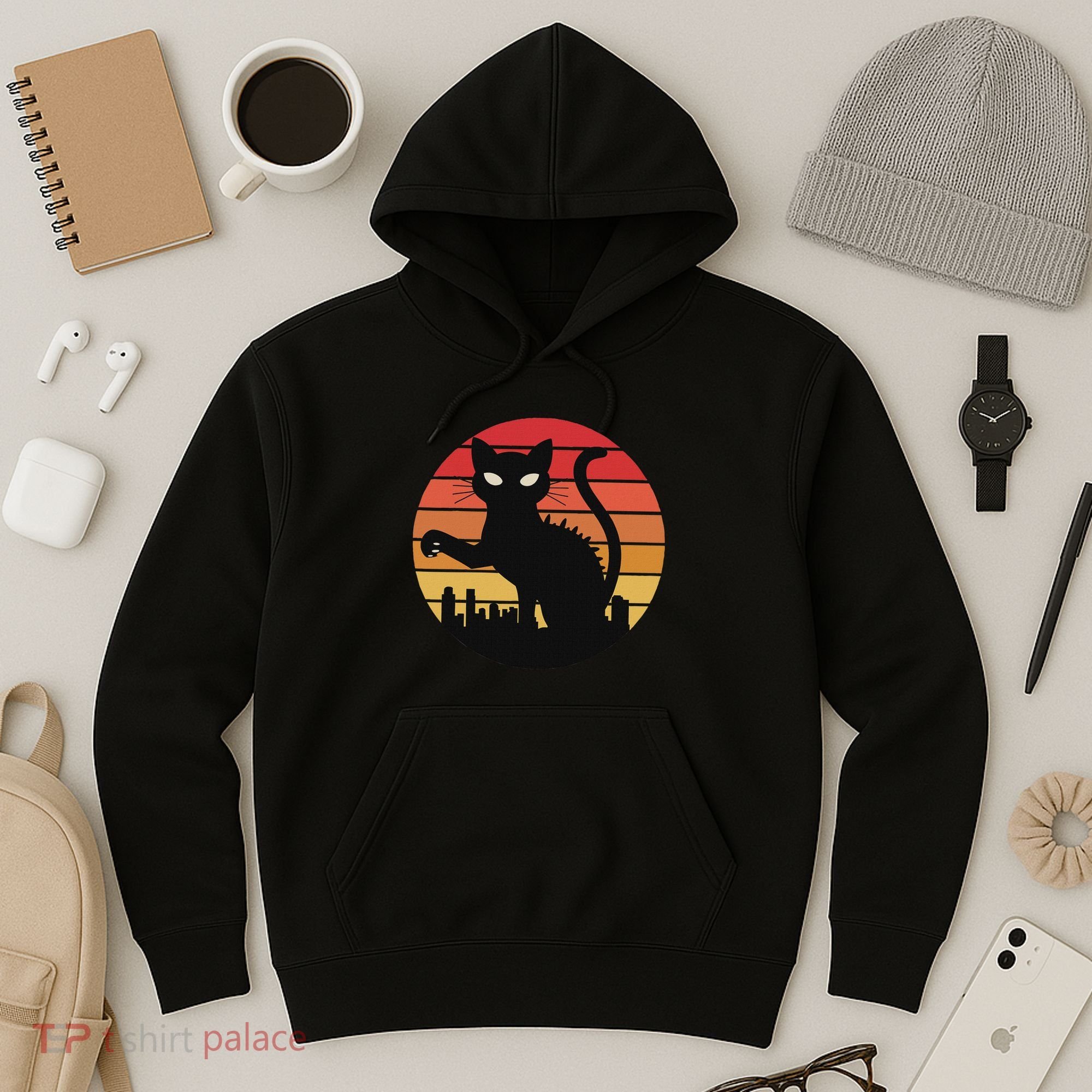 Catzilla Cat Japanese Sunset Retro Cute For Women Hoodie