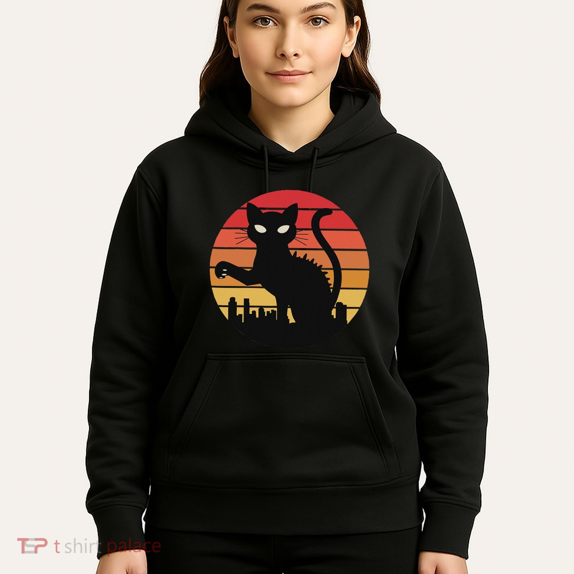 Catzilla Cat Japanese Sunset Retro Cute For Women Hoodie