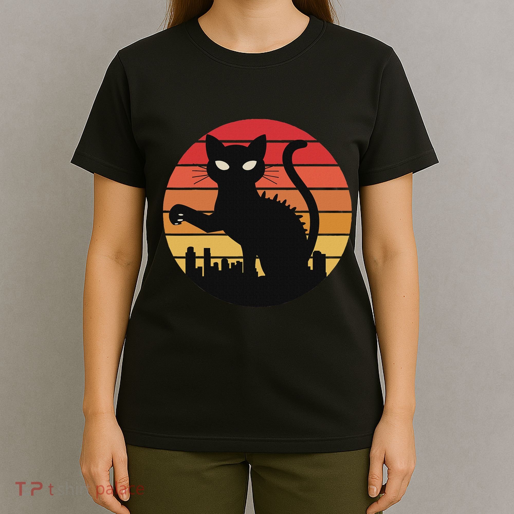 Catzilla Cat Japanese Sunset Retro Cute For Women T-Shirt