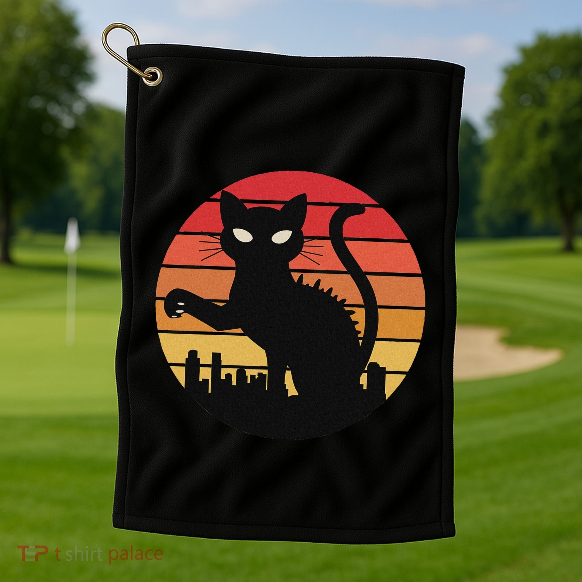 Catzilla Cat Japanese Sunset Retro Cute For Women Golf Towel