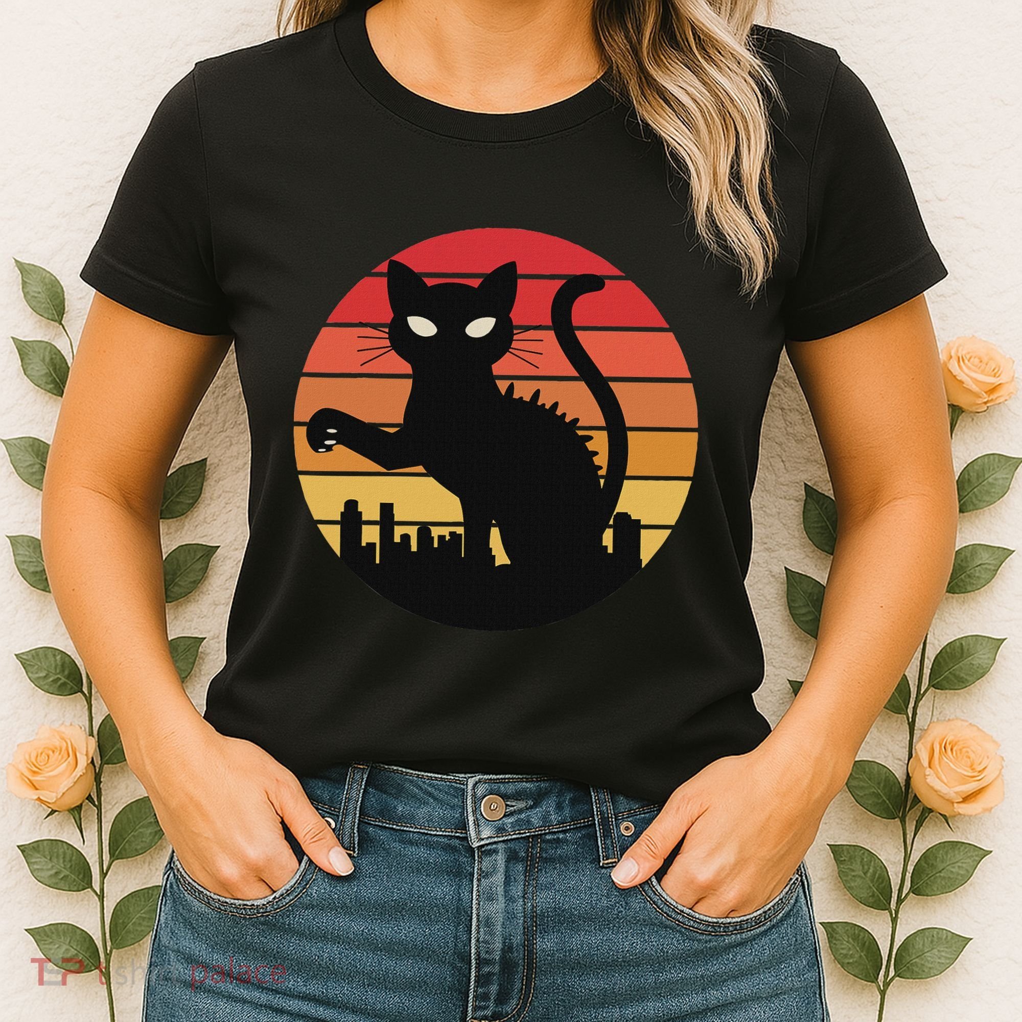 Catzilla Cat Japanese Sunset Retro Cute For Women Women's T-Shirt