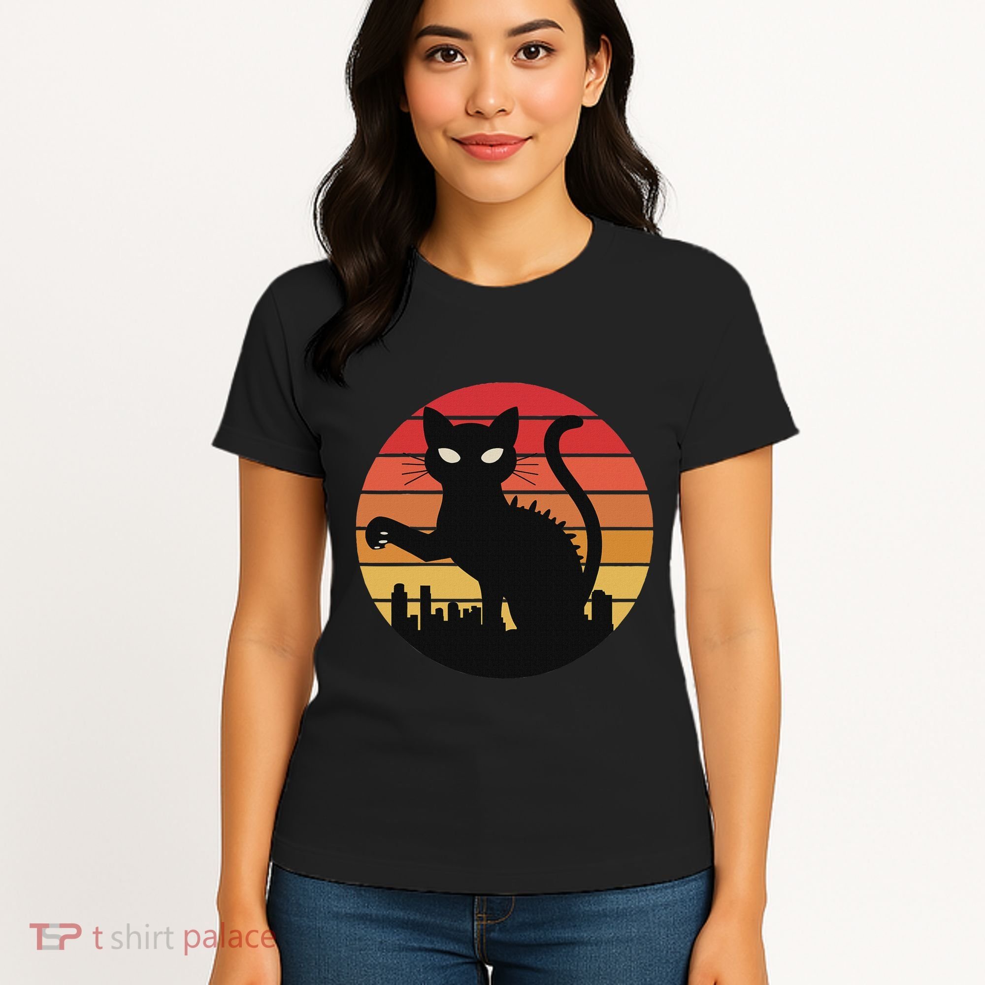 Catzilla Cat Japanese Sunset Retro Cute For Women Women's T-Shirt