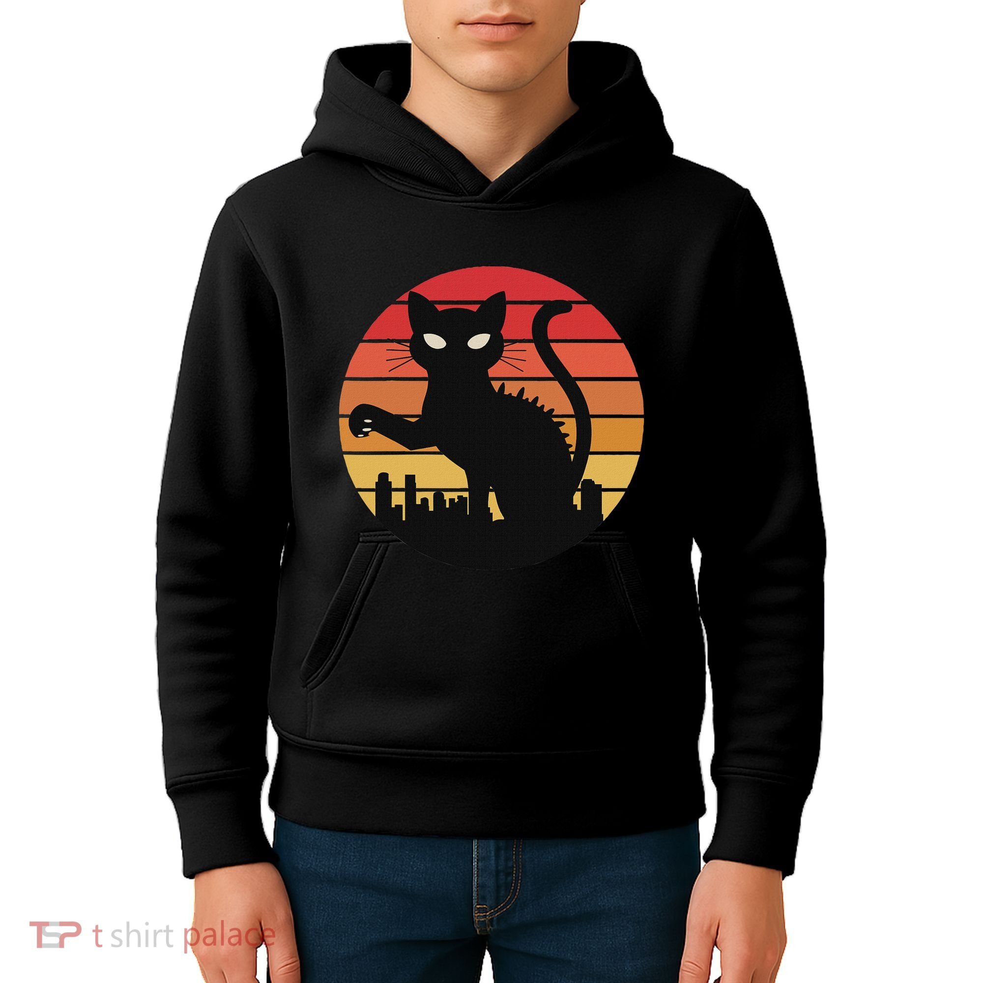Catzilla Cat Japanese Sunset Retro Cute For Women Kids Hoodie