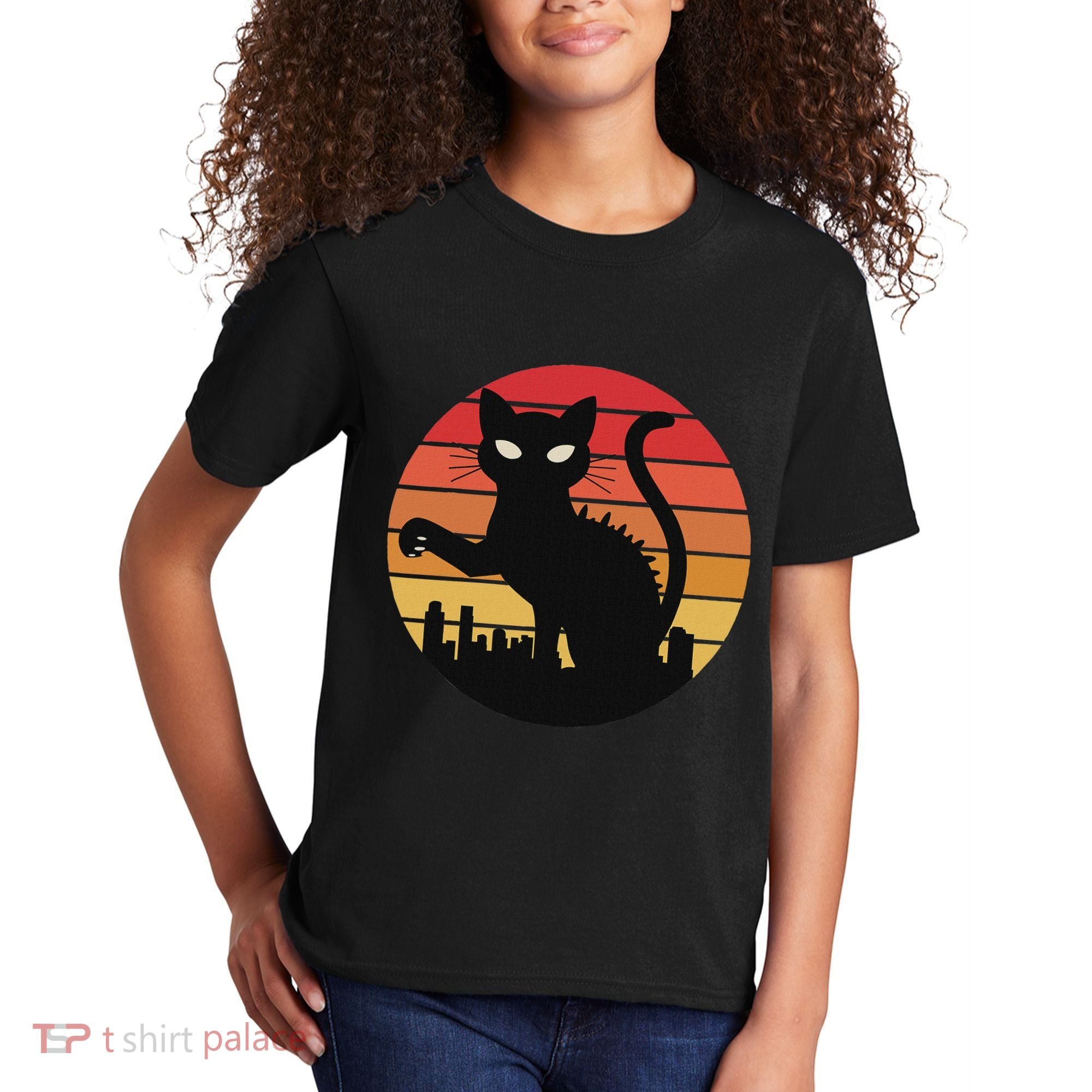 Catzilla Cat Japanese Sunset Retro Cute For Women Kids T-Shirt