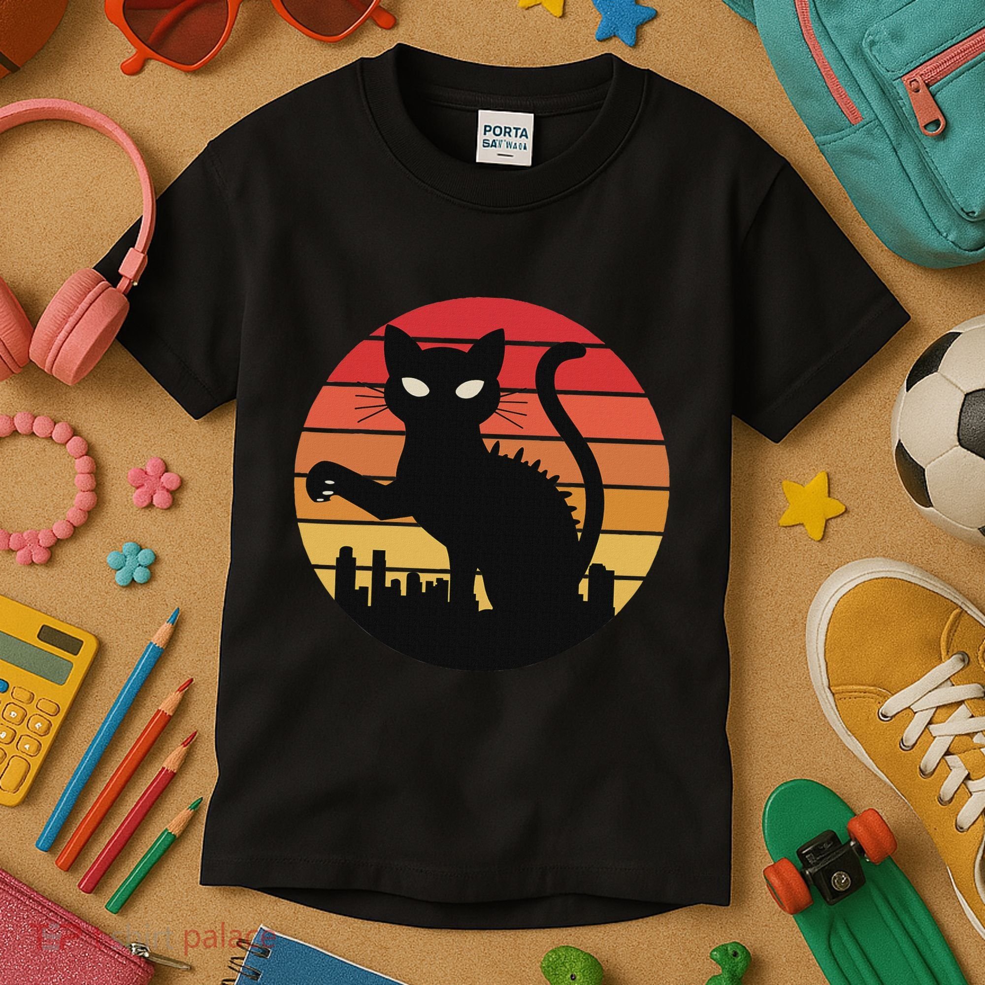 Catzilla Cat Japanese Sunset Retro Cute For Women Kids T-Shirt