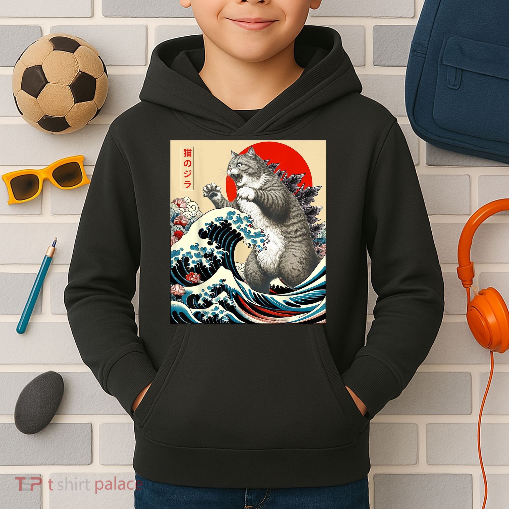 Catzilla Cat Japanese Art Funny Cat Kids Hoodie