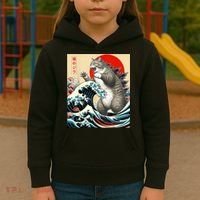 Catzilla Cat Japanese Art Funny Cat Kids Hoodie thumb 3