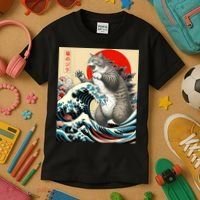 Catzilla Cat Japanese Art Funny Cat Kids T-Shirt thumb 3