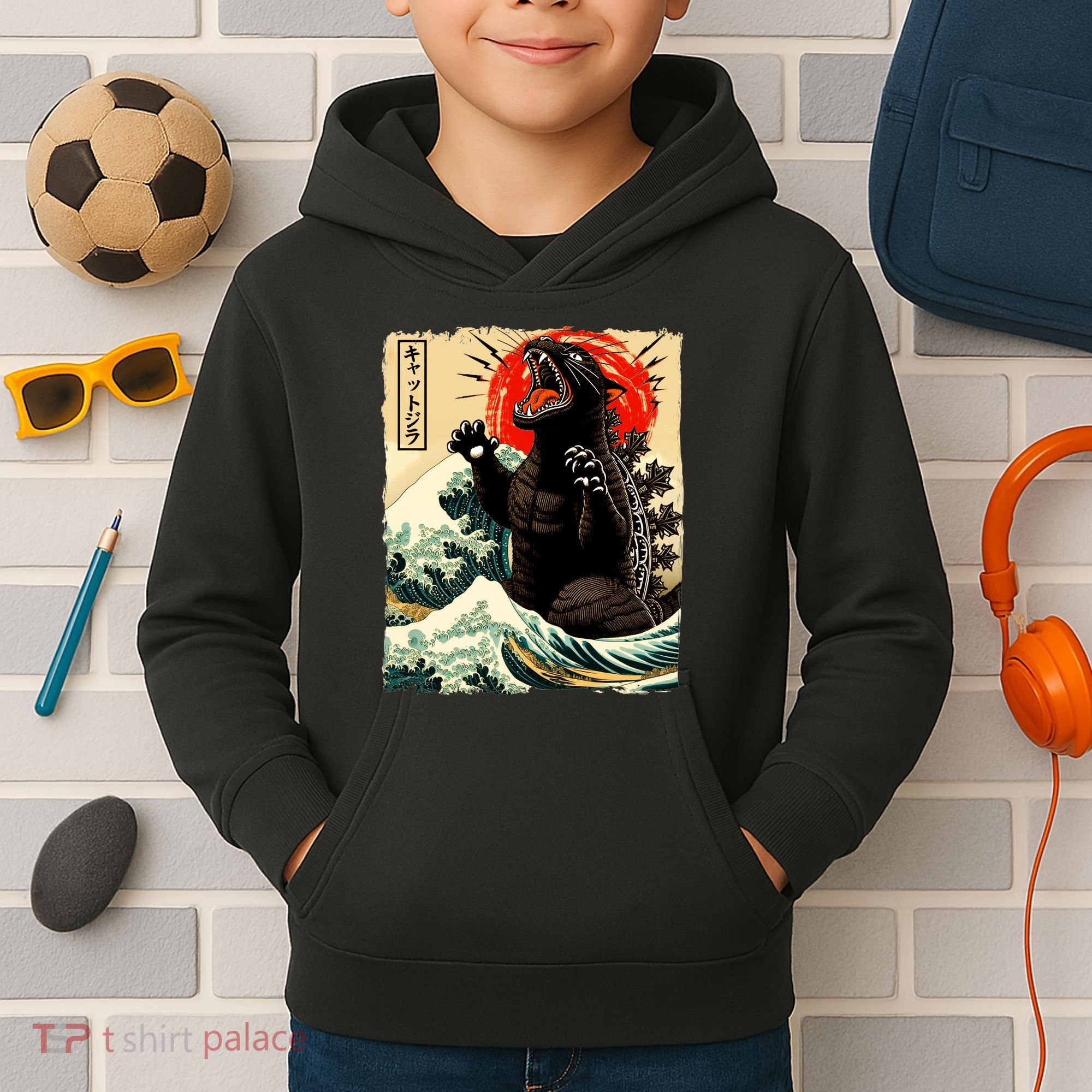 Catzilla Cat Japanese Art Funny Cat Kids Hoodie
