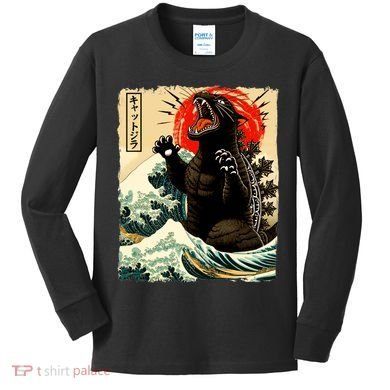 Catzilla Cat Japanese Art Funny Cat Kids Long Sleeve Shirt