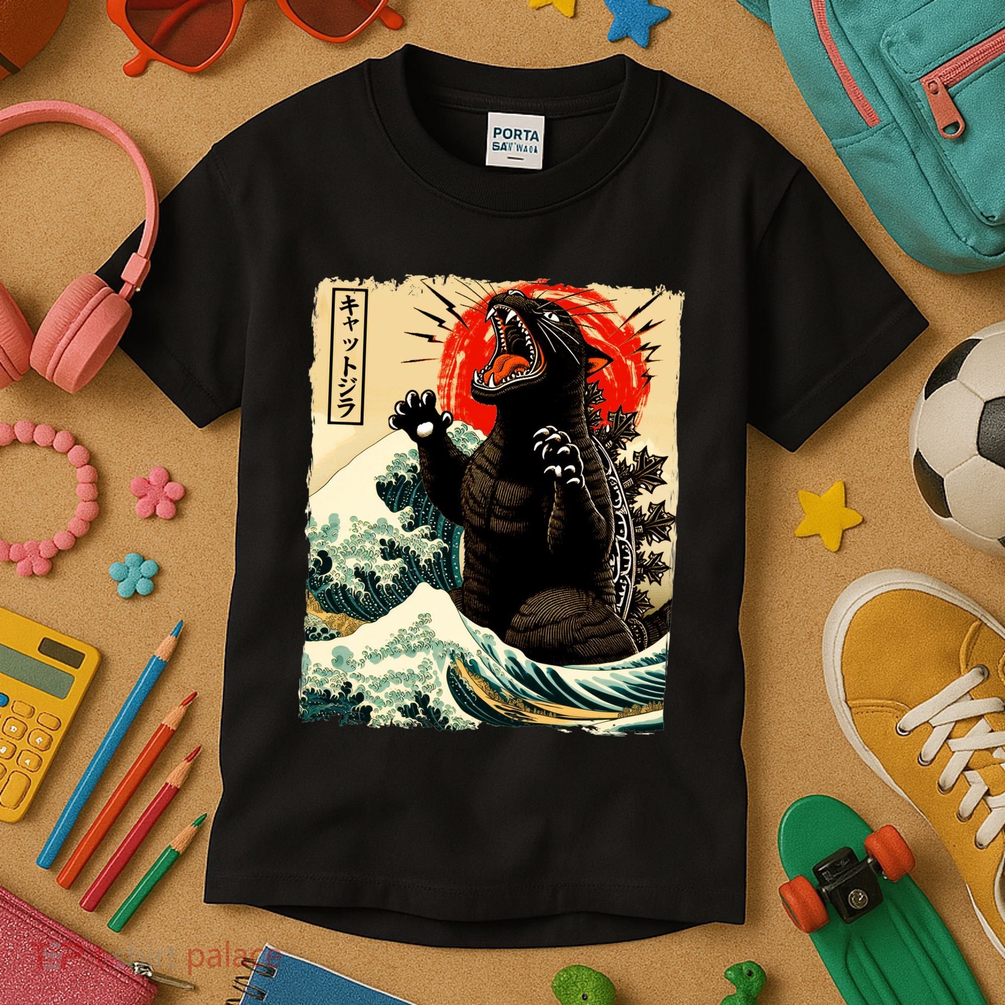 Catzilla Cat Japanese Art Funny Cat Kids T-Shirt