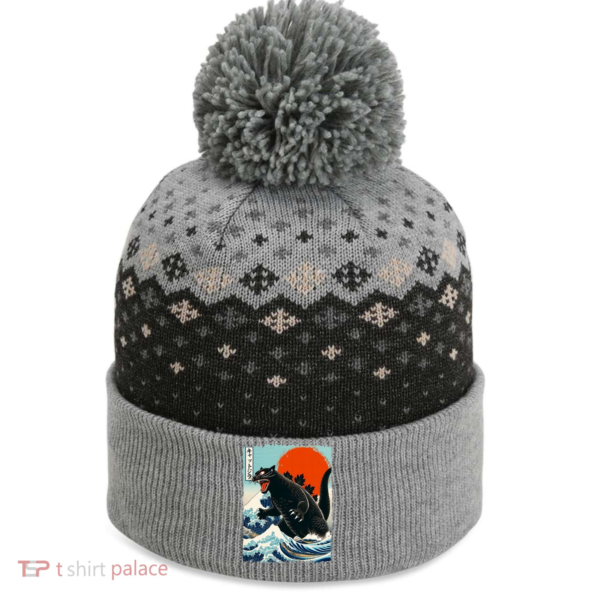 Catzilla Cat Japanese Art Cat Gift The Baniff Cuffed Pom Beanie