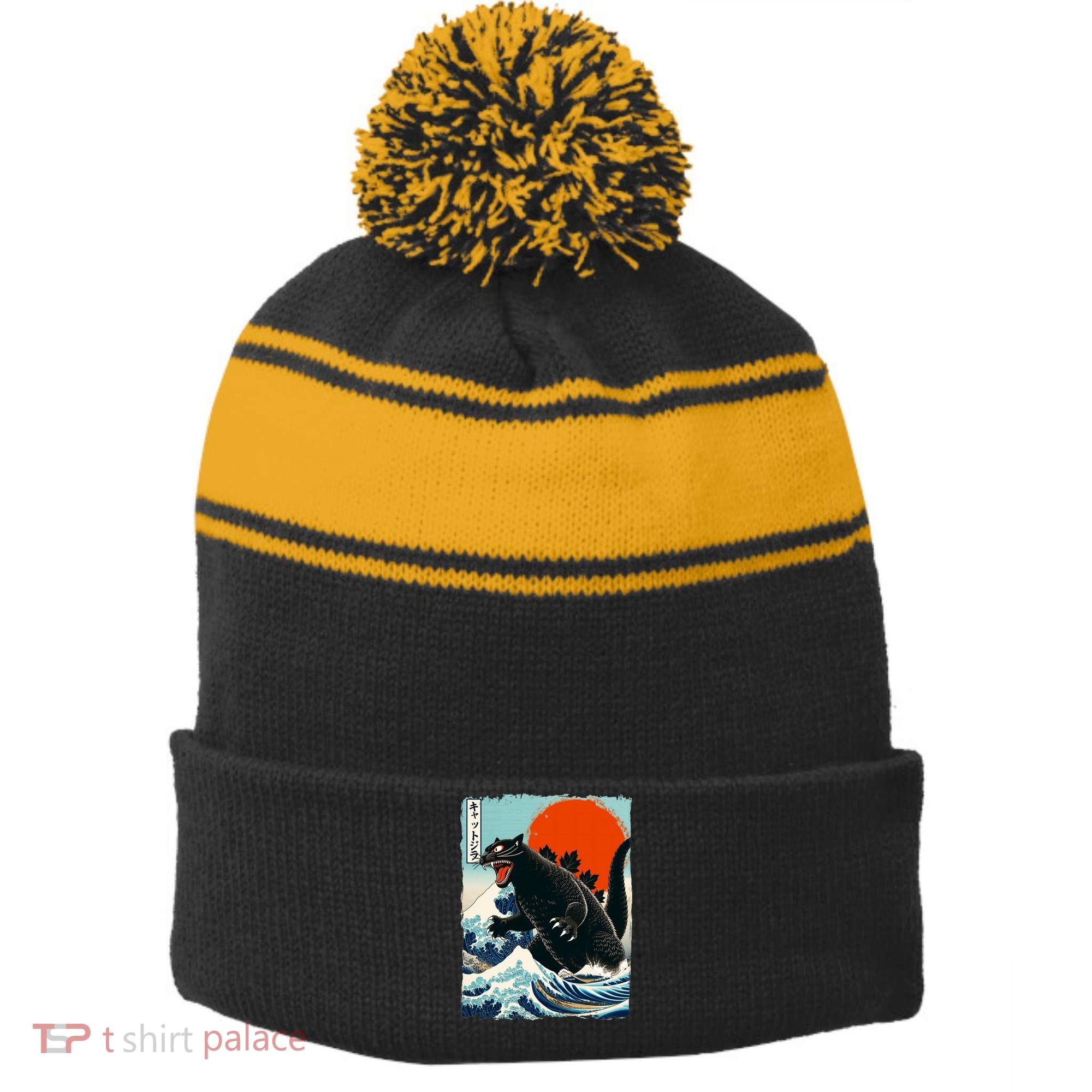 Catzilla Cat Japanese Art Cat Gift Stripe Pom Pom Beanie