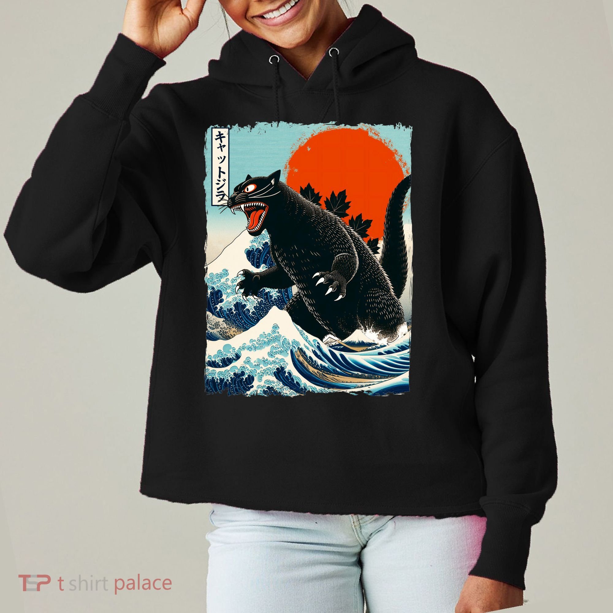 Catzilla Cat Japanese Art Cat Gift Ladies Heavyweight Boxy Pullover Hoodie