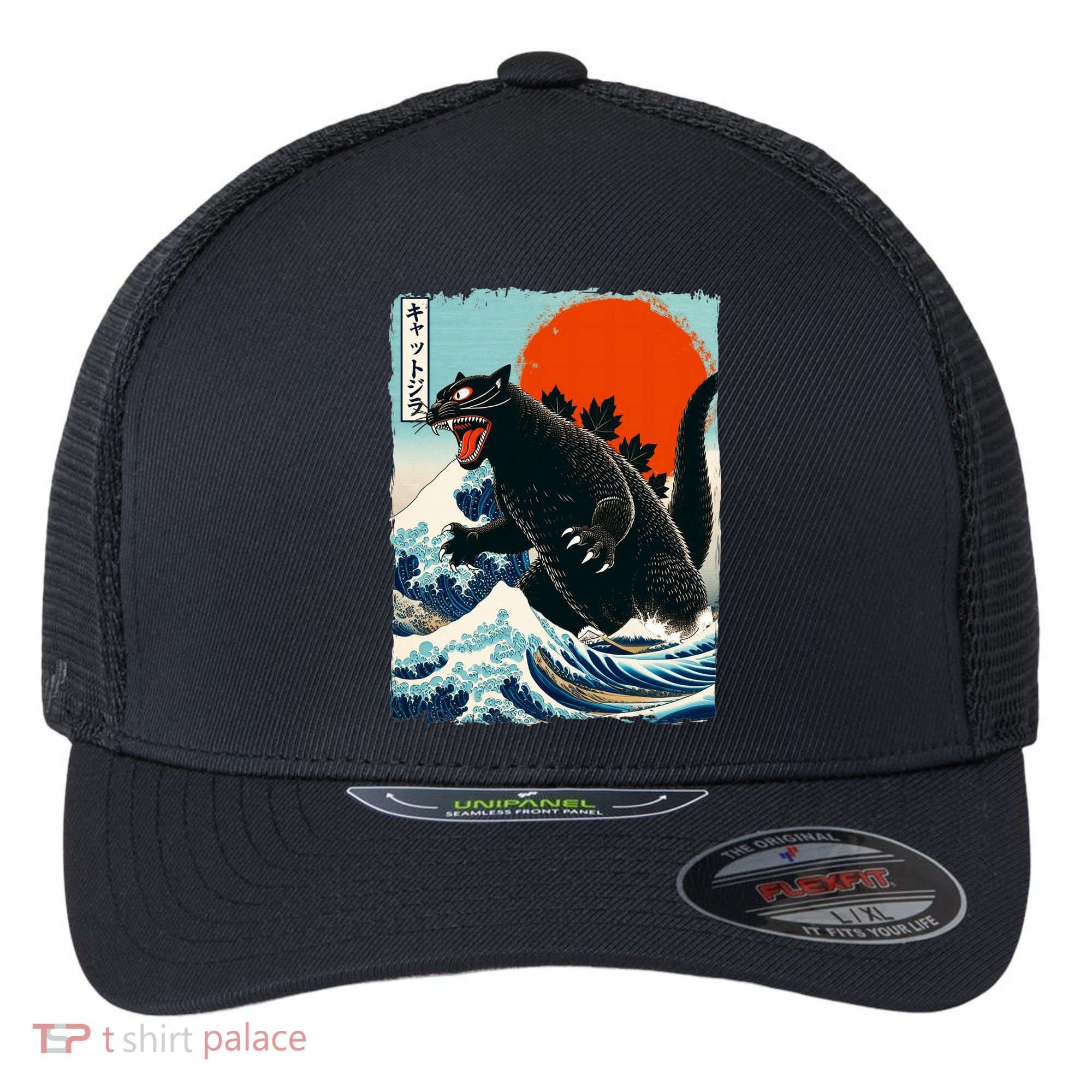 Catzilla Cat Japanese Art Cat Gift Flexfit Unipanel Trucker Cap