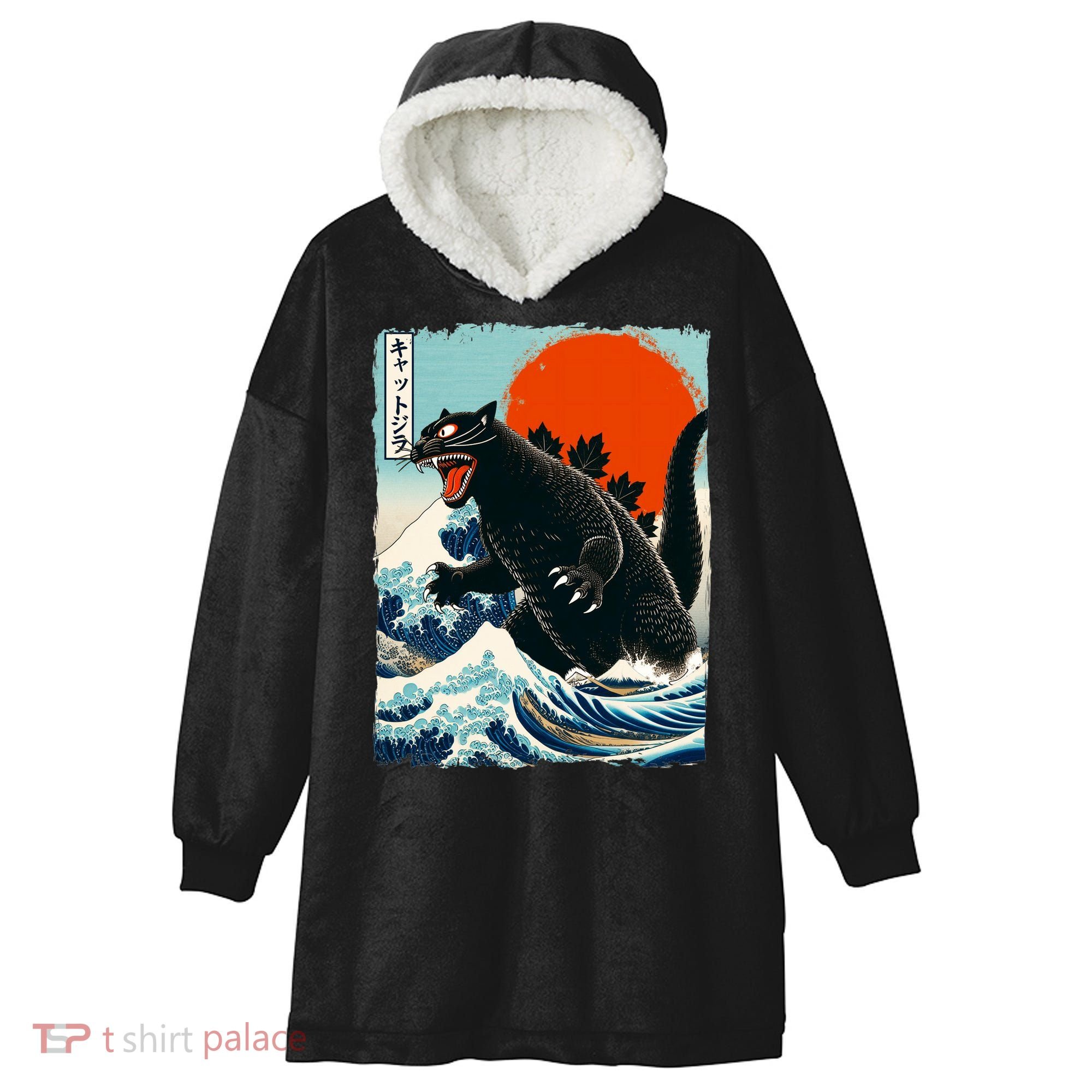 Catzilla Cat Japanese Art Cat Gift Hooded Wearable Blanket