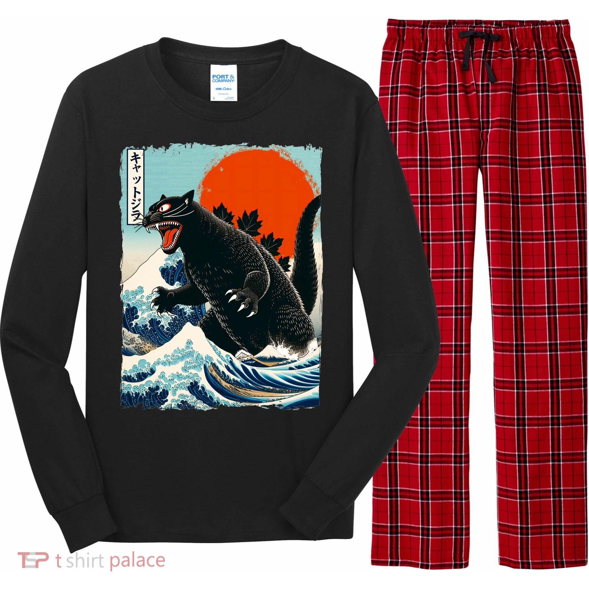 Catzilla Cat Japanese Art Cat Gift Long Sleeve Pajama Set