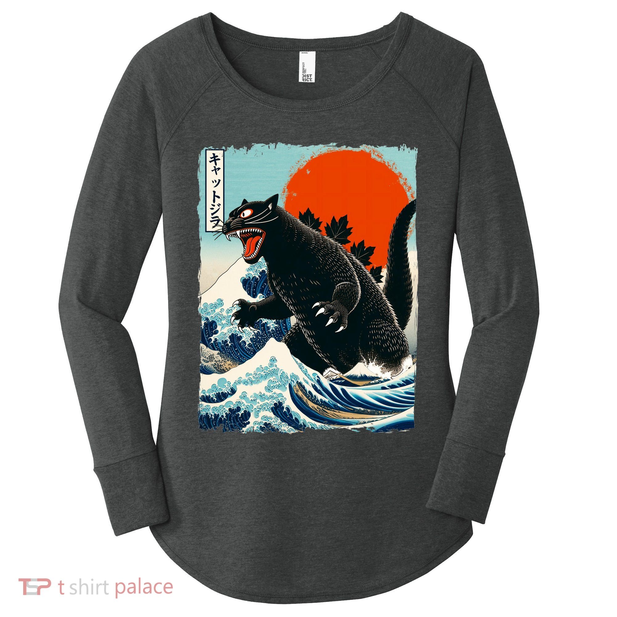 Catzilla Cat Japanese Art Cat Gift Women's Perfect Tri Tunic Long Sleeve Shirt
