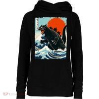 Catzilla Cat Japanese Art Cat Gift Womens Funnel Neck Pullover Hood thumb 0