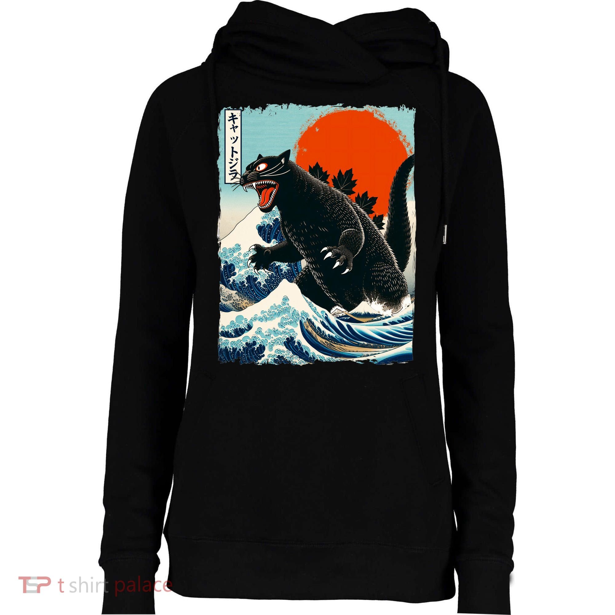 Catzilla Cat Japanese Art Cat Gift Womens Funnel Neck Pullover Hood