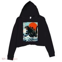 Catzilla Cat Japanese Art Cat Gift Crop Fleece Hoodie thumb 0