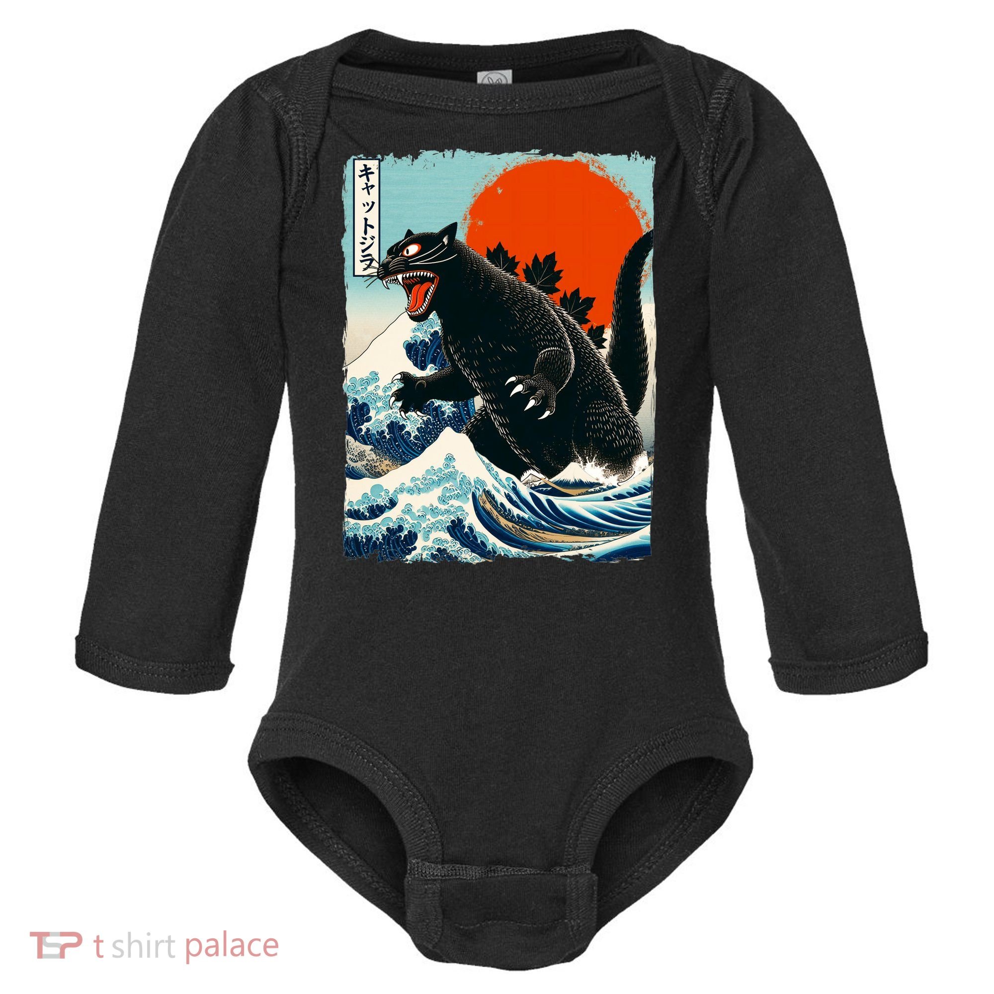 Catzilla Cat Japanese Art Cat Gift Baby Long Sleeve Bodysuit