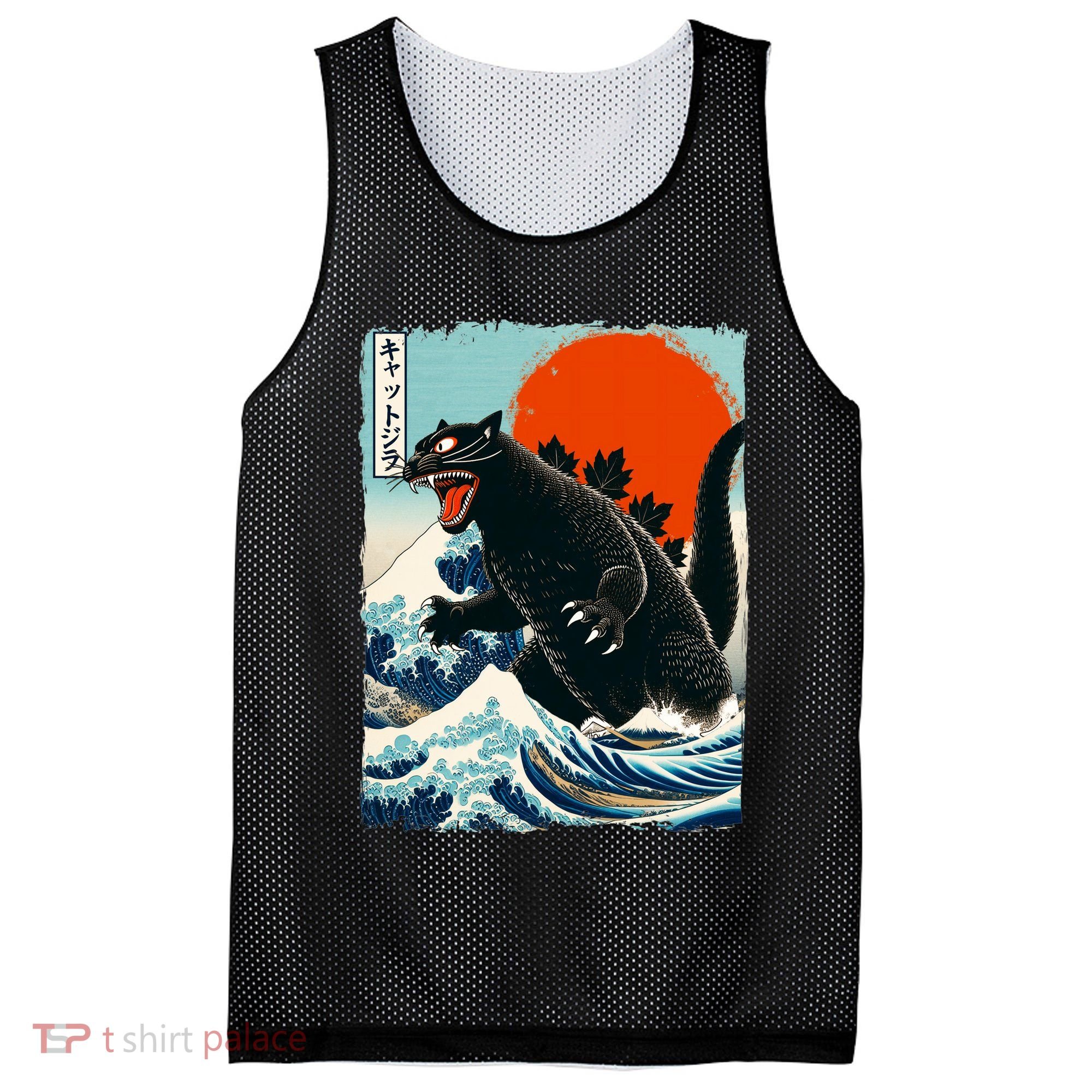 Catzilla Cat Japanese Art Cat Gift Mesh Reversible Basketball Jersey Tank