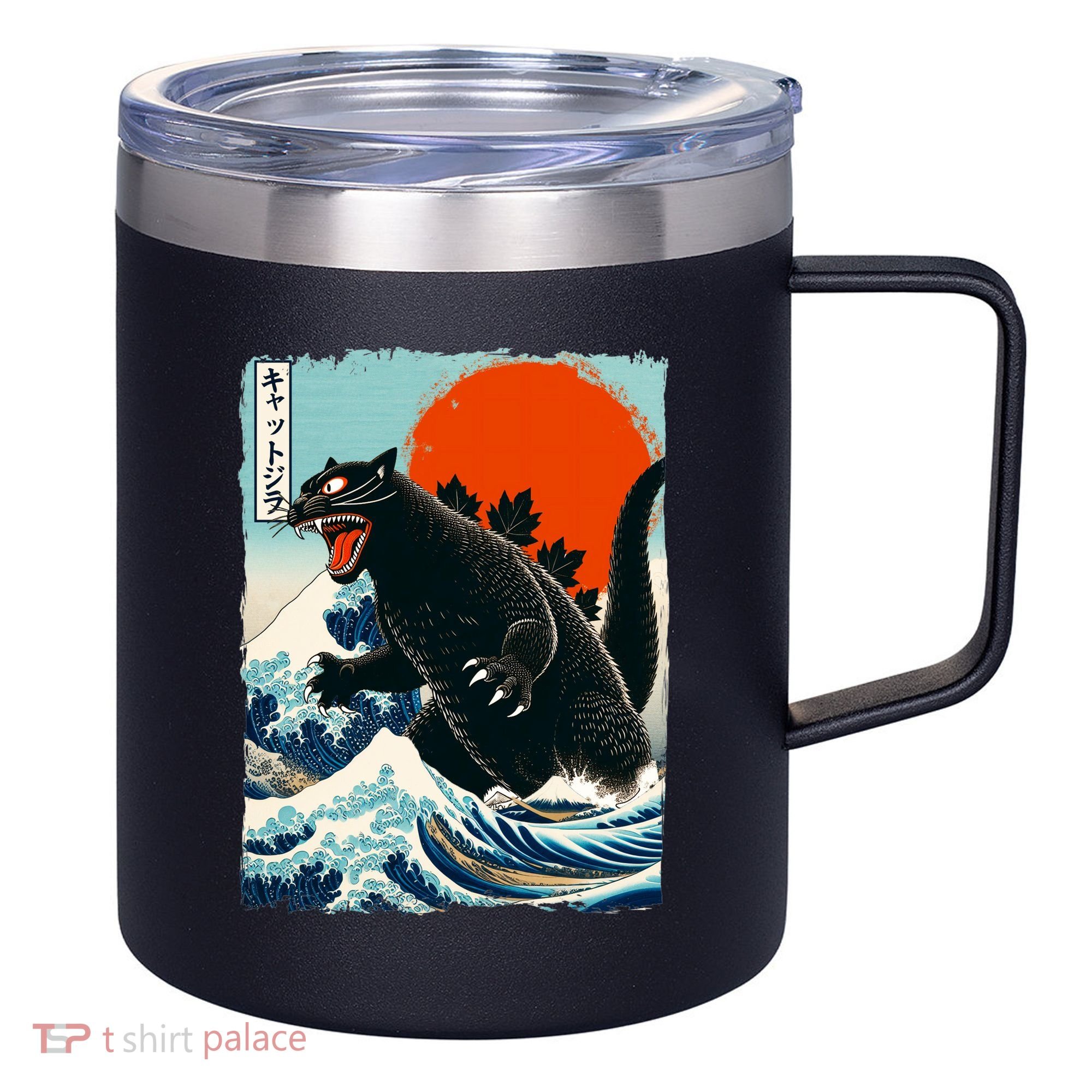Catzilla Cat Japanese Art Cat Gift 12oz Stainless Steel Coffee Mug