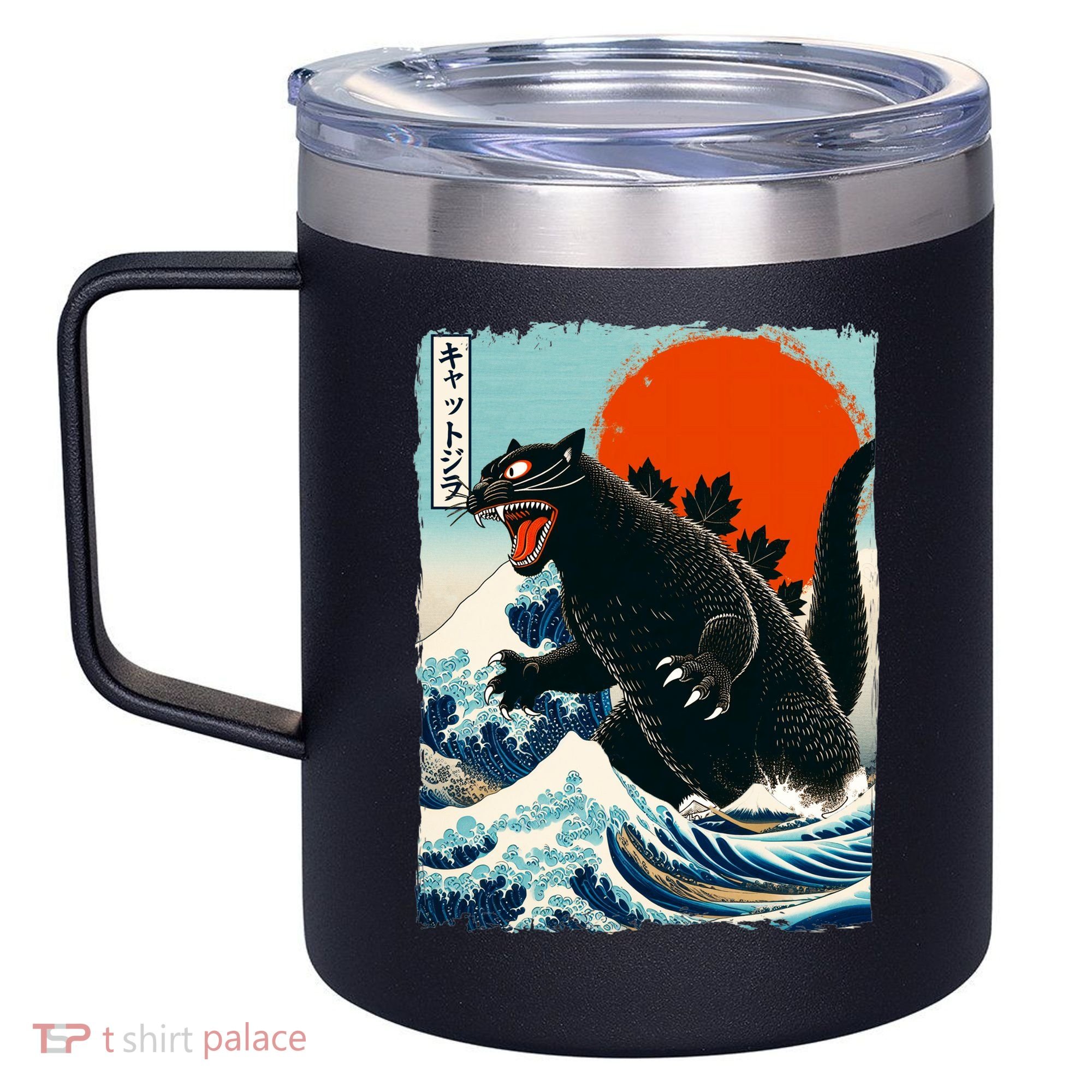Catzilla Cat Japanese Art Cat Gift 12oz Stainless Steel Coffee Mug