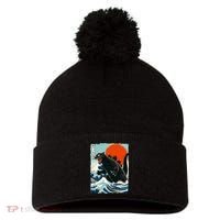Catzilla Cat Japanese Art Cat Gift Pom Pom 12in Knit Beanie thumb 0