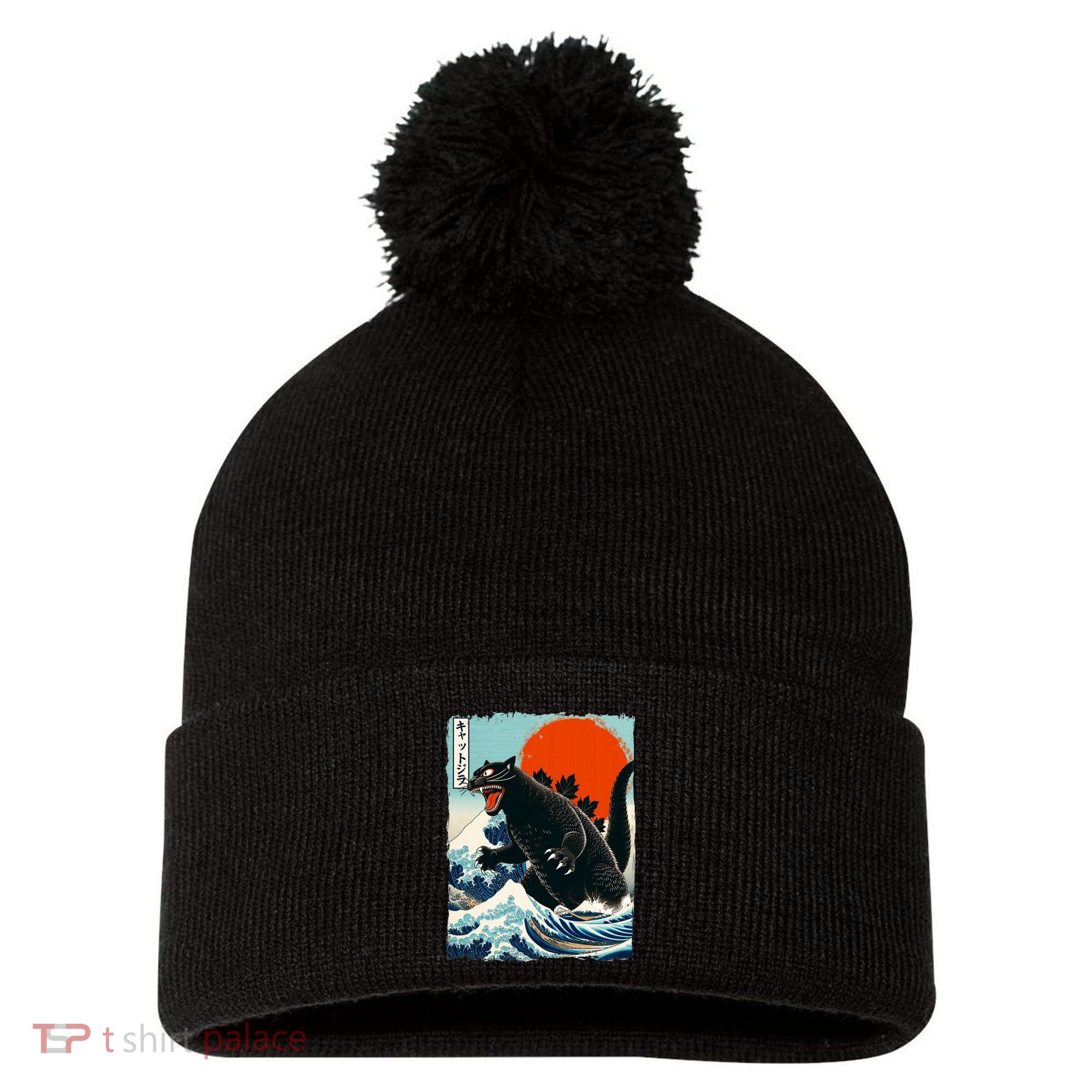 Catzilla Cat Japanese Art Cat Gift Pom Pom 12in Knit Beanie