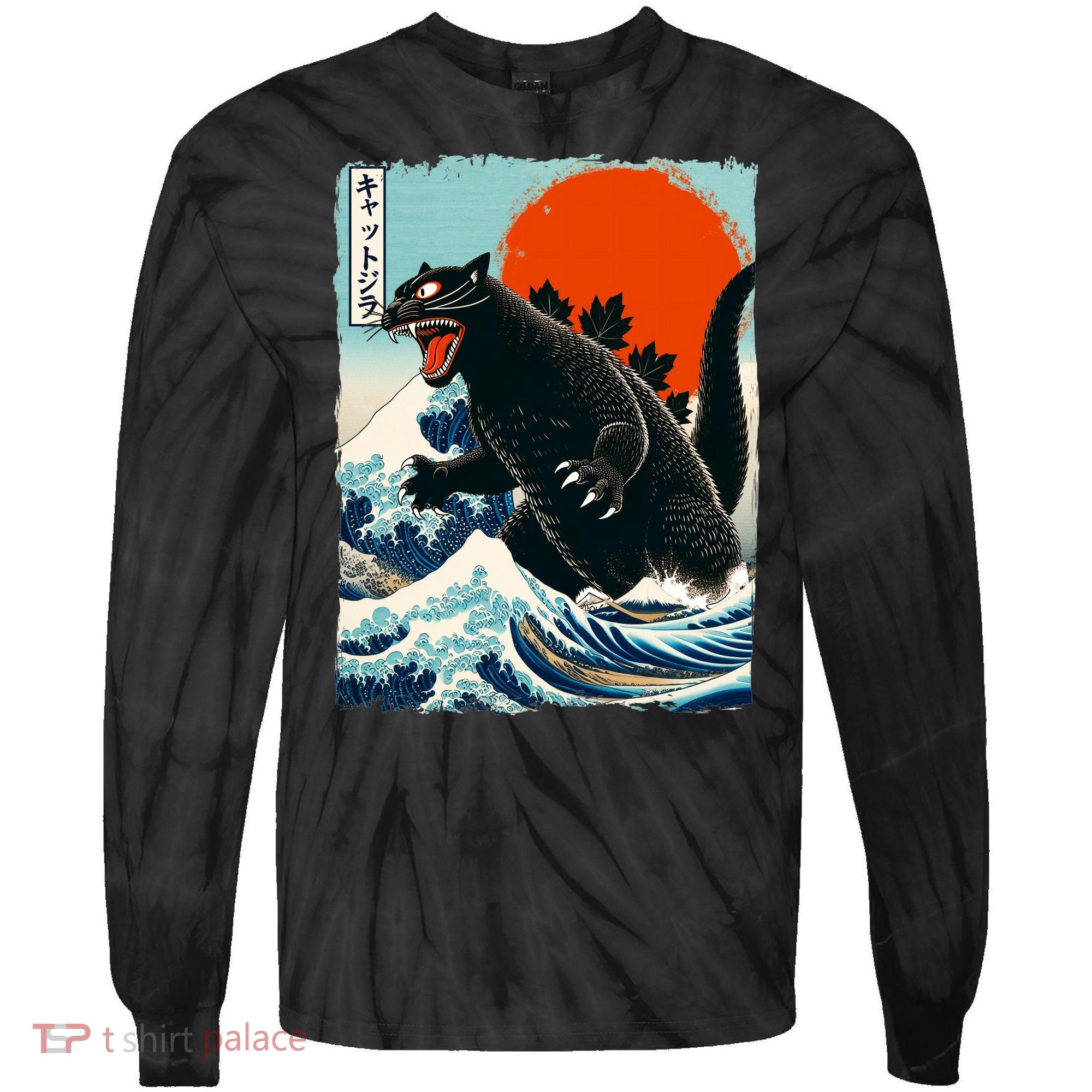 Catzilla Cat Japanese Art Cat Gift Tie-Dye Long Sleeve Shirt